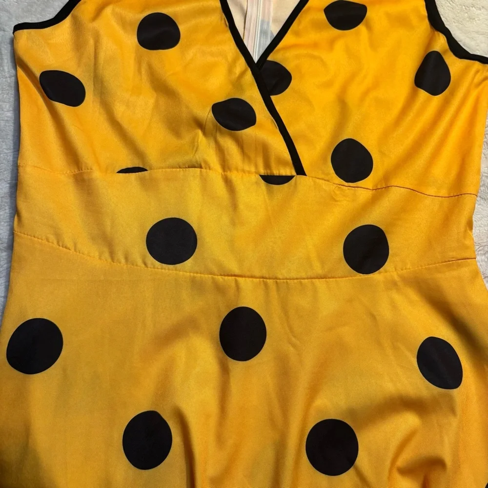 Yellow Polka Dot Dress Large Midi Sleeveless Faux Wrap Black Dots Cotton Poly - Picture 11 of 16